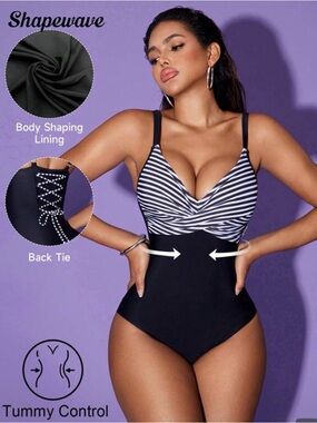 Women's Black & White Striped Tummy Control One-Piece Swimsuit